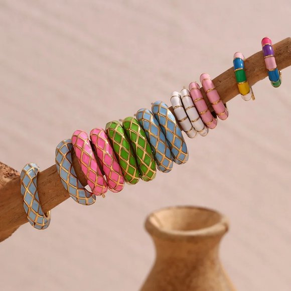 Multi Color Enamel Bamboo C Shape Hoop Huggie Earrings 18K Gold Plated Stainless - Picture 6 of 7